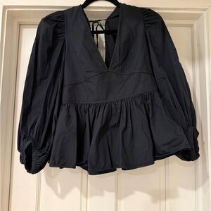 STAUD Black V-Neck Peplum Blouse with Balloon Sleeves